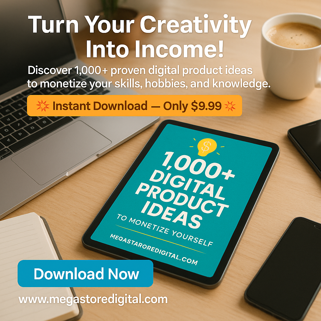 1,000+ Digital Product Ideas eBook cover with templates and planners for monetizing skills online.