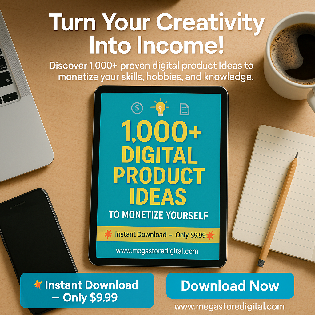 1,000+ Digital Product Ideas eBook cover with templates and planners for monetizing skills online.