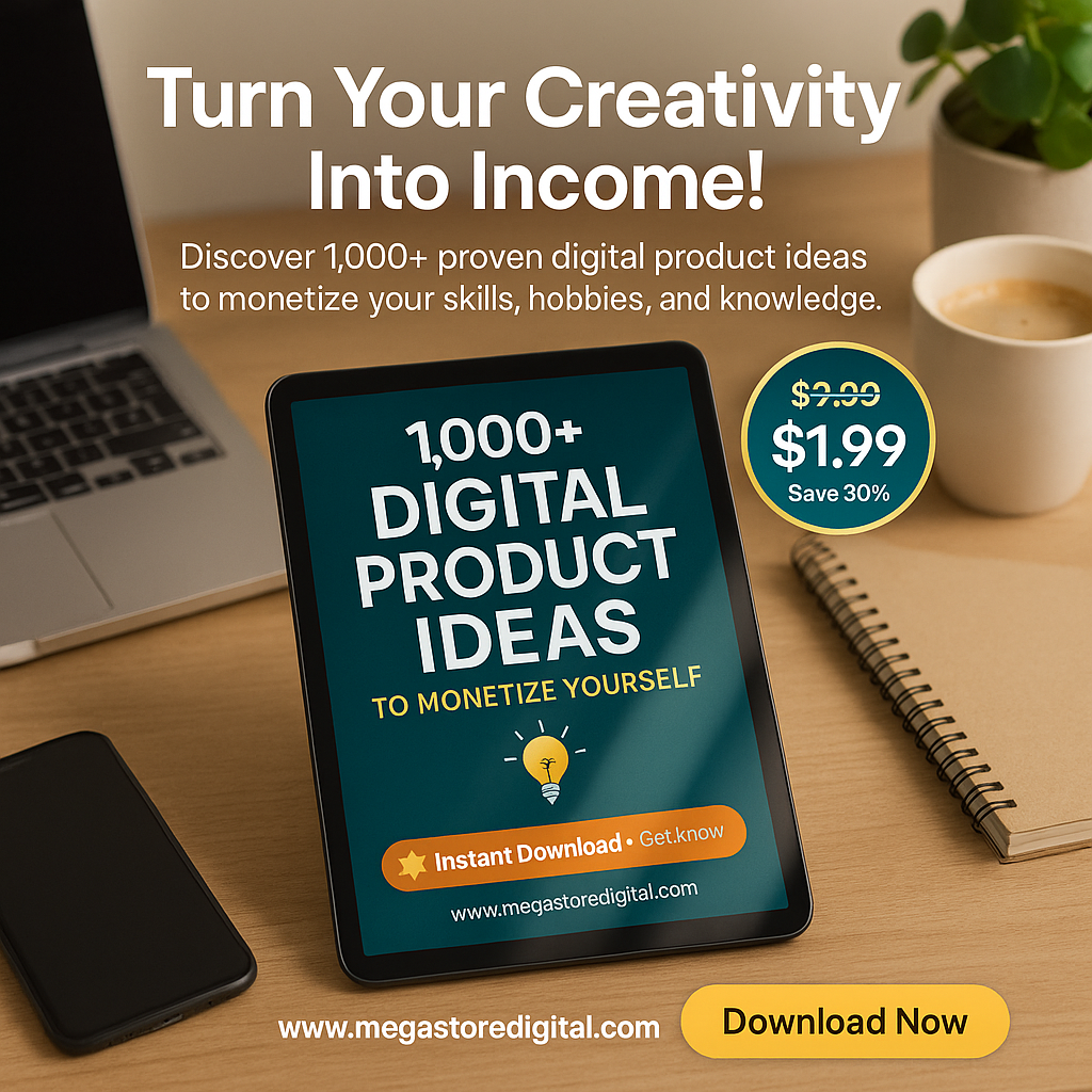 1,000+ Digital Product Ideas eBook cover with templates and planners for monetizing skills online.