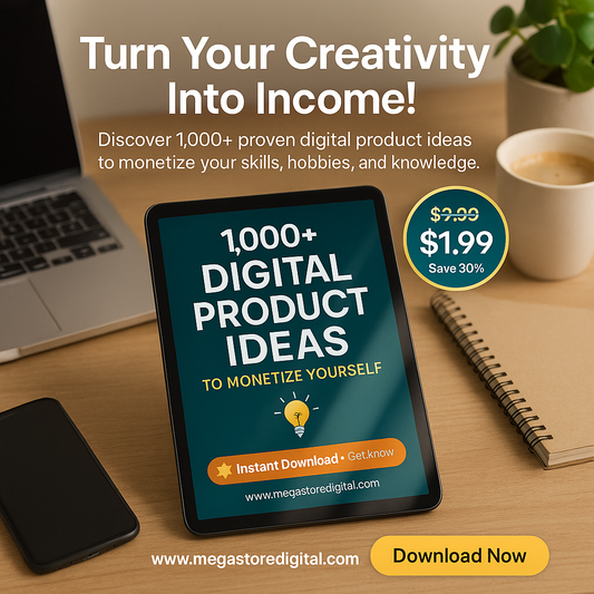 1,000+ Digital Product Ideas eBook cover with templates and planners for monetizing skills online.