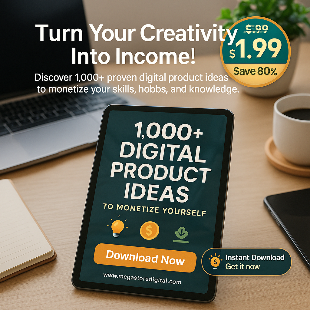 1,000+ Digital Product Ideas eBook cover with templates and planners for monetizing skills online.